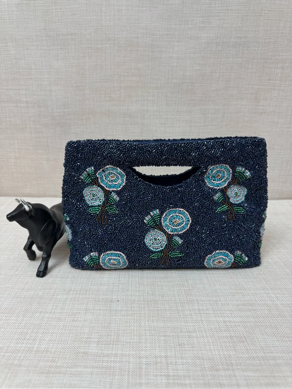 Embroidered Navy Beaded Floral Wristlet Clutch